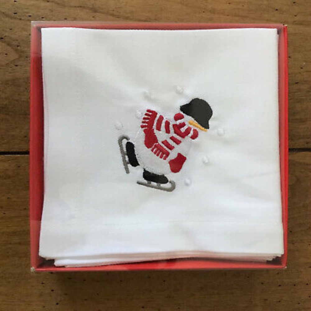 Crate&Barrel 10" Cocktail Napkins Set of 8: Skating Snowman